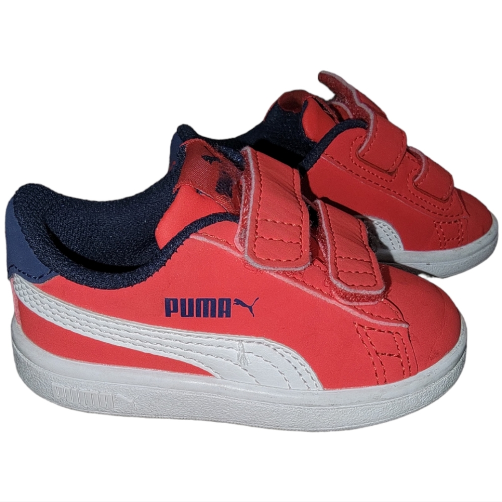 Red, white & blue double velcro strap puma sneakers. Girls size 5C